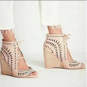 Jeffery Campbell | ‘Rodillo Hi’ Nude Leather Geometric Cut-Out Wedge Sandals 8.5